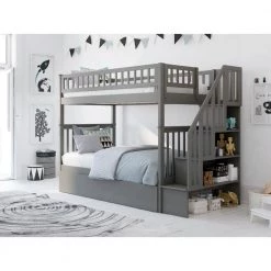 Woodland Staircase Bunk Bed Twin over Twin with Twin Size Urban Trundle Bed in Grey by AFI -Outlet AFI Store grey afi bunk beds ab56659 31 1000