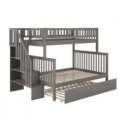 Woodland Staircase Bunk Bed Twin over Full with Twin Size Urban Trundle Bed in Grey by AFI