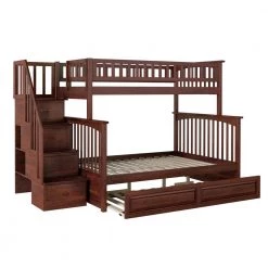 Columbia Staircase Bunk Bed Twin over Full with Twin Size Raised Panel Trundle Bed in Walnut by AFI -Outlet AFI Store walnut afi bunk beds ab55734 1f 1000