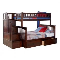 Columbia Staircase Walnut Twin Over Full Bunk Bed with 2-Urban Bed Drawers by AFI