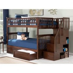 Columbia Staircase Bunk Bed Full over Full with 2 Raised Panel Bed Drawers in Walnut by AFI -Outlet AFI Store walnut afi bunk beds ab55824 31 1000