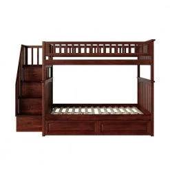 Columbia Staircase Bunk Bed Full over Full with 2 Raised Panel Bed Drawers in Walnut by AFI