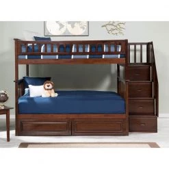 Columbia Staircase Bunk Bed Full over Full with 2 Raised Panel Bed Drawers in Walnut by AFI -Outlet AFI Store walnut afi bunk beds ab55824 c3 1000