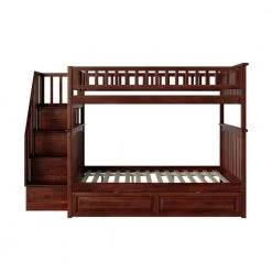 Columbia Staircase Bunk Bed Full over Full with Twin Size Raised Panel Trundle Bed in Walnut by AFI