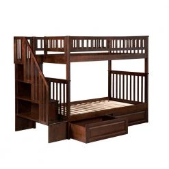 Woodland Staircase Bunk Bed Twin over Twin with 2 Raised Panel Bed Drawers in Walnut by AFI