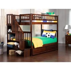 Woodland Staircase Bunk Bed Twin over Twin with Twin Size Raised Panel Trundle Bed in Walnut by AFI -Outlet AFI Store walnut afi bunk beds ab56634 31 1000