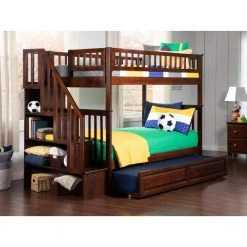 Woodland Staircase Bunk Bed Twin over Twin with Twin Size Raised Panel Trundle Bed in Walnut by AFI -Outlet AFI Store walnut afi bunk beds ab56634 4f 1000