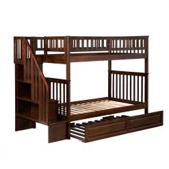 Woodland Staircase Bunk Bed Twin over Twin with Twin Size Raised Panel Trundle Bed in Walnut by AFI