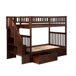 Woodland Walnut Twin Over Twin Staircase Bunk Bed with 2-Urban Bed Drawers by AFI
