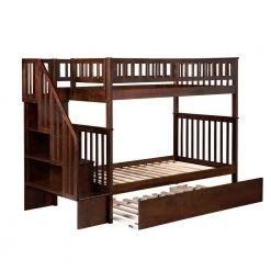 Woodland Walnut Twin Over Twin Staircase Bunk Bed with Twin Size Urban Trundle Bed by AFI