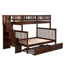 Woodland Staircase Bunk Bed Twin over Full with Twin Size Raised Panel Trundle Bed in Walnut by AFI
