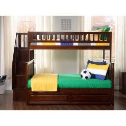 Woodland Staircase Bunk Bed Twin over Full with Twin Size Raised Panel Trundle Bed in Walnut by AFI -Outlet AFI Store walnut afi bunk beds ab56734 c3 1000