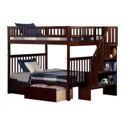 Woodland Walnut Full Over Full Staircase Bunk Bed with 2-Urban Bed Drawers by AFI