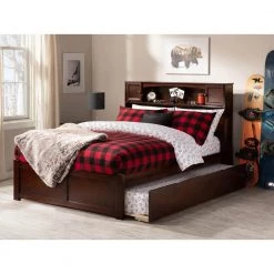 Newport Walnut Full Platform Bed with Flat Panel Foot Board and Twin Size Urban Trundle Bed by AFI