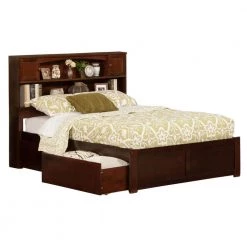 Newport Walnut Full Platform Bed with Flat Panel Foot Board and 2-Urban Bed Drawers by AFI