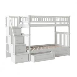 Columbia Staircase Bunk Bed Twin Over Twin with 2 Raised Panel Bed Drawers in White by AFI