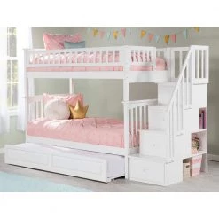 Columbia Staircase Bunk Bed Twin Over Twin with Twin Size Raised Panel Trundle Bed in White by AFI -Outlet AFI Store white afi bunk beds ab55632 31 1000