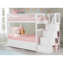 Columbia Staircase Bunk Bed Twin Over Twin with Twin Size Raised Panel Trundle Bed in White by AFI -Outlet AFI Store white afi bunk beds ab55632 40 1000