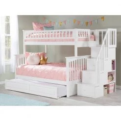 Columbia Staircase Bunk Bed Twin over Full with Twin Size Raised Panel Trundle Bed in White by AFI -Outlet AFI Store white afi bunk beds ab55732 31 1000
