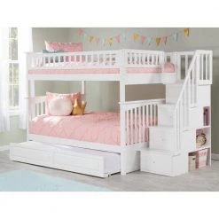 Columbia Staircase Bunk Bed Full over Full with Twin Size Raised Panel Trundle Bed in White by AFI -Outlet AFI Store white afi bunk beds ab55832 31 1000