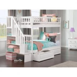Woodland Staircase Bunk Bed Twin over Twin with 2 Raised Panel Bed Drawers in White by AFI -Outlet AFI Store white afi bunk beds ab56622 4f 1000