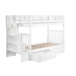 Woodland Staircase Bunk Bed Twin over Twin with 2 Raised Panel Bed Drawers in White by AFI