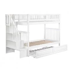 Woodland Staircase Bunk Bed Twin over Twin with Twin Size Raised Panel Trundle Bed in White by AFI