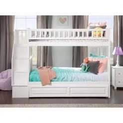 Woodland Staircase Bunk Bed Twin over Twin with Twin Size Raised Panel Trundle Bed in White by AFI -Outlet AFI Store white afi bunk beds ab56632 c3 1000