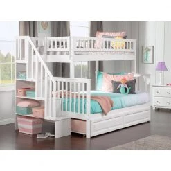 Woodland Staircase Bunk Bed Twin over Full with Twin Size Raised Panel Trundle Bed in White by AFI -Outlet AFI Store white afi bunk beds ab56732 31 1000