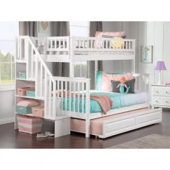 Woodland Staircase Bunk Bed Twin over Full with Twin Size Raised Panel Trundle Bed in White by AFI -Outlet AFI Store white afi bunk beds ab56732 4f 1000