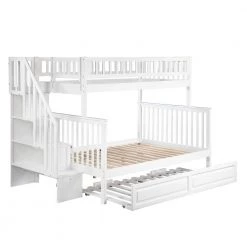 Woodland Staircase Bunk Bed Twin over Full with Twin Size Raised Panel Trundle Bed in White by AFI