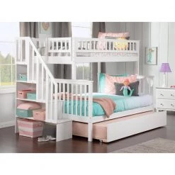 Woodland Staircase Bunk Bed Twin over Full with Twin Size Urban Trundle Bed in White by AFI
