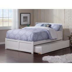 Orlando Full Platform Bed with Flat Panel Foot Board and Full Size Urban Trundle Bed in White by AFI