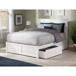 Nantucket Queen Platform Bed with Flat Panel Foot Board and 2 Urban Bed Drawers in White by AFI